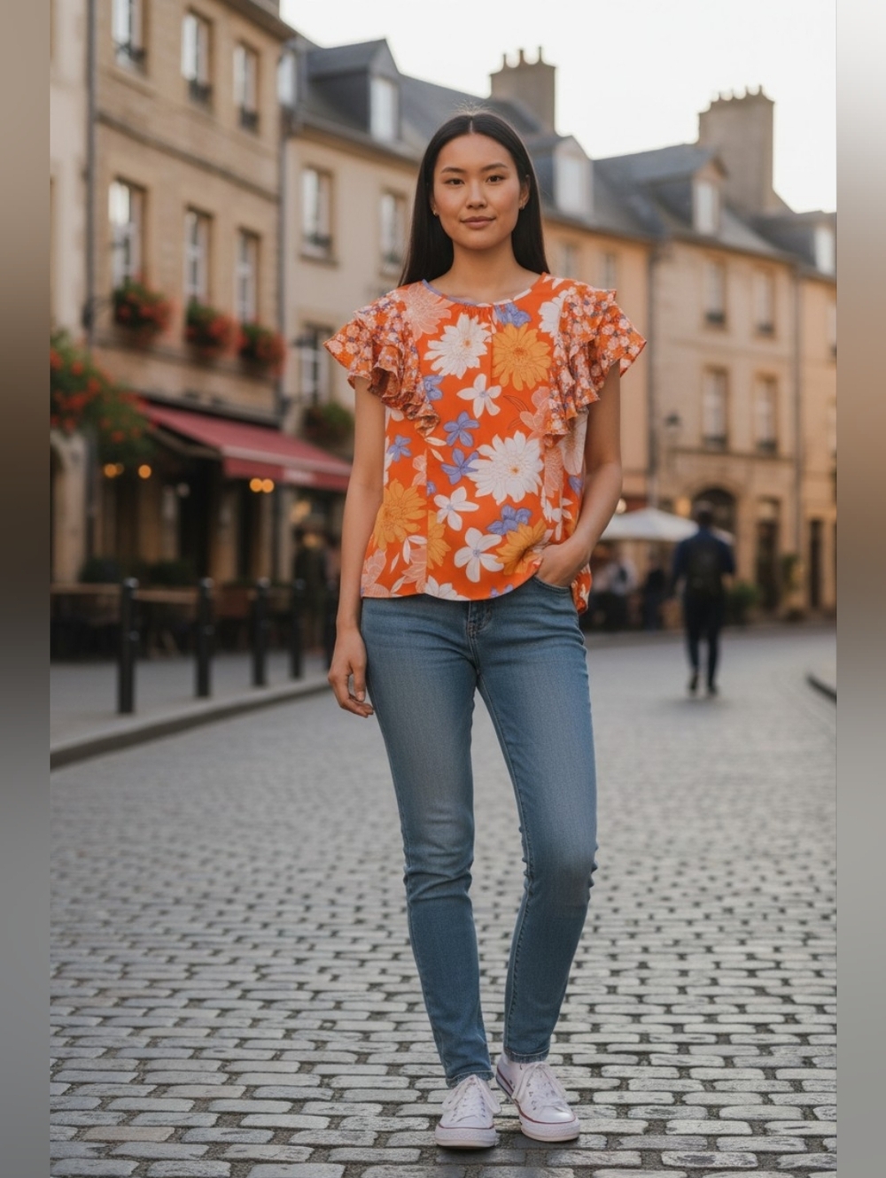 DR2 Daniel Rainn Orange Floral Ruffle Sleeve Blouse Size Large - Picture 9 of 9